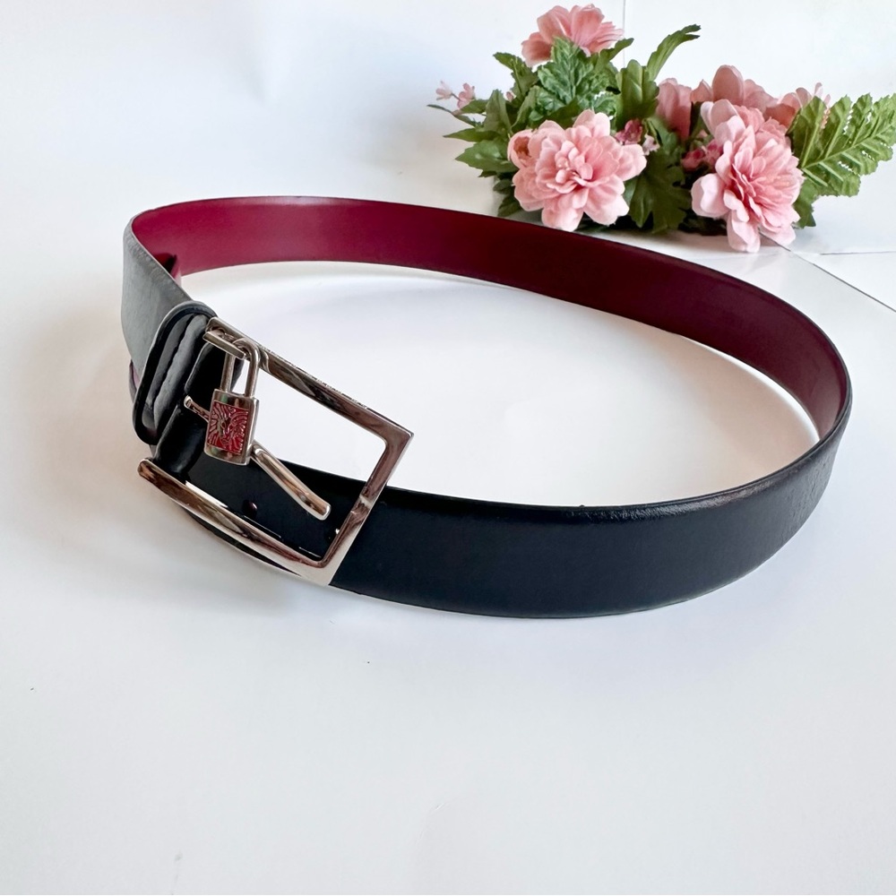 Anne Klein “AK” Black Genuine Leather Silver Lock Charm Rectangle Buckle Belt